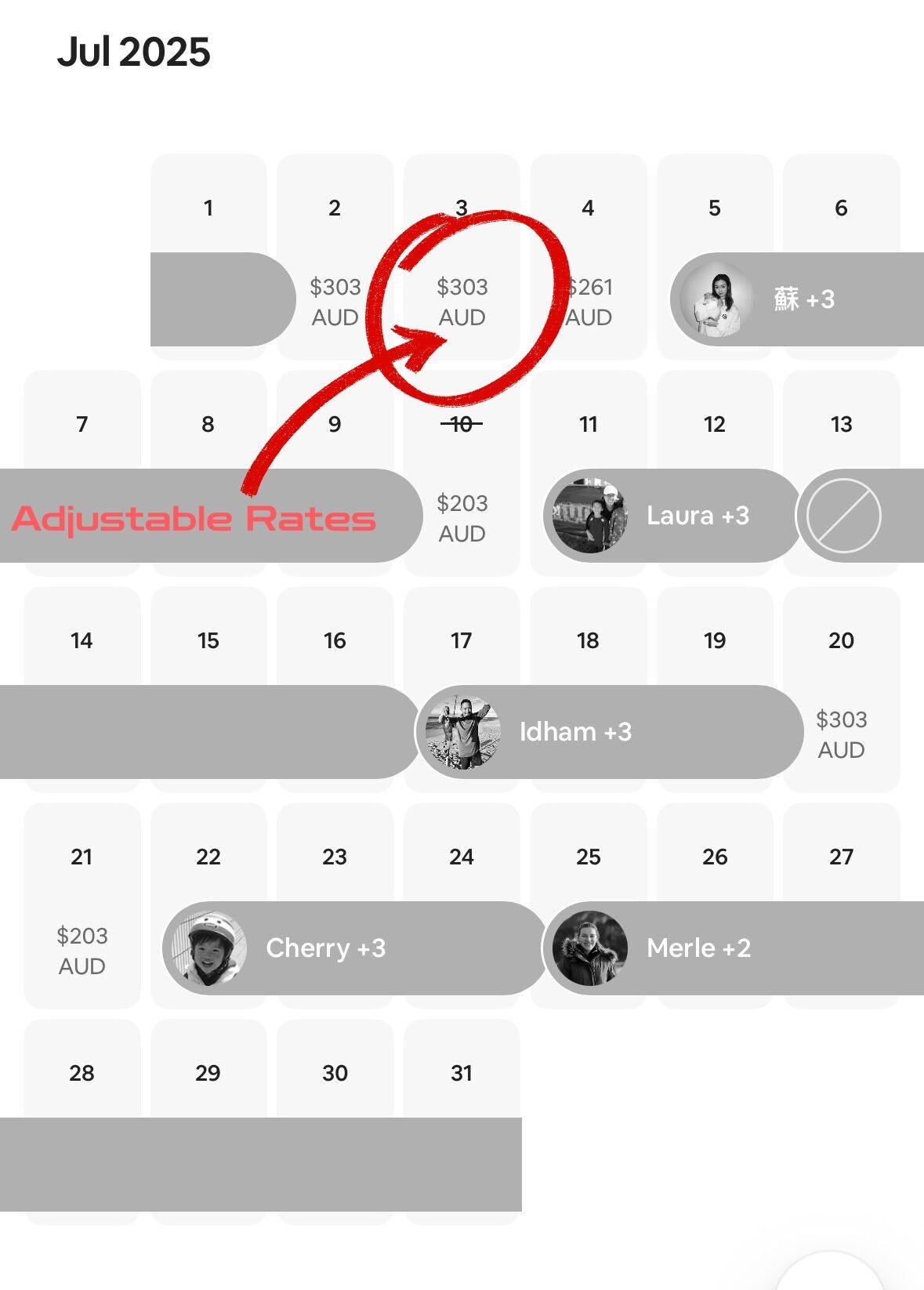 Calendar showing adjustable nightly rates