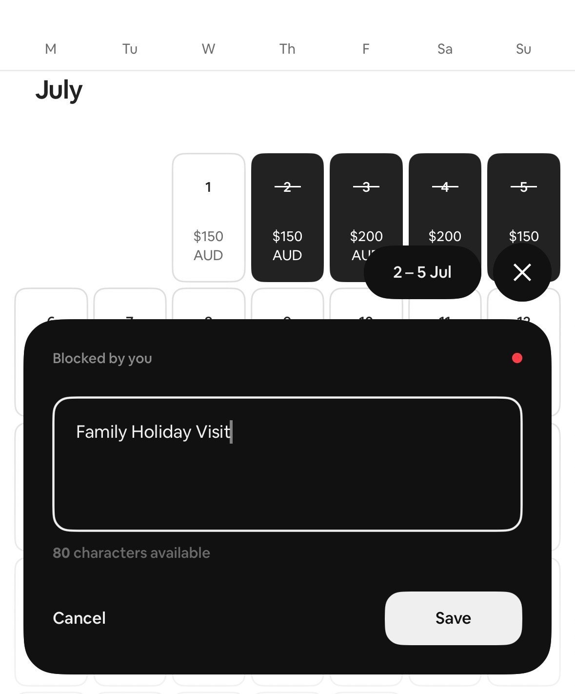 Calendar showing dates blocked for a family holiday